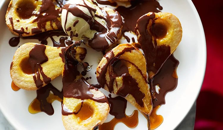 Deborah Huttons Baked Pears With Chocolate Sauce