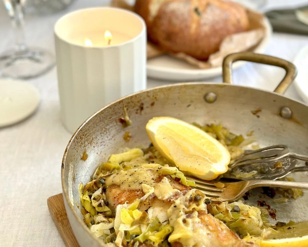 Pan-fried Fish with Leek Preserved Lemon and Tahini.