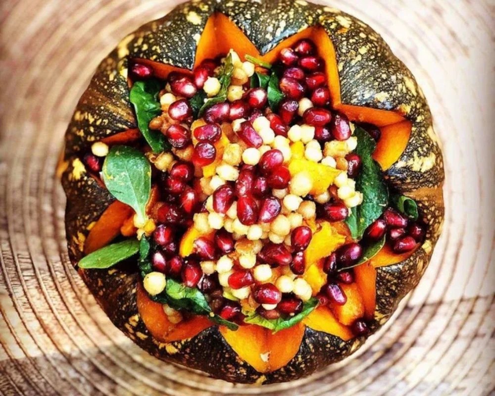 Christmas Vegan Meal Festive Stuffed Pumpkin With Pearl Couscous In Silky Walnut Sauce