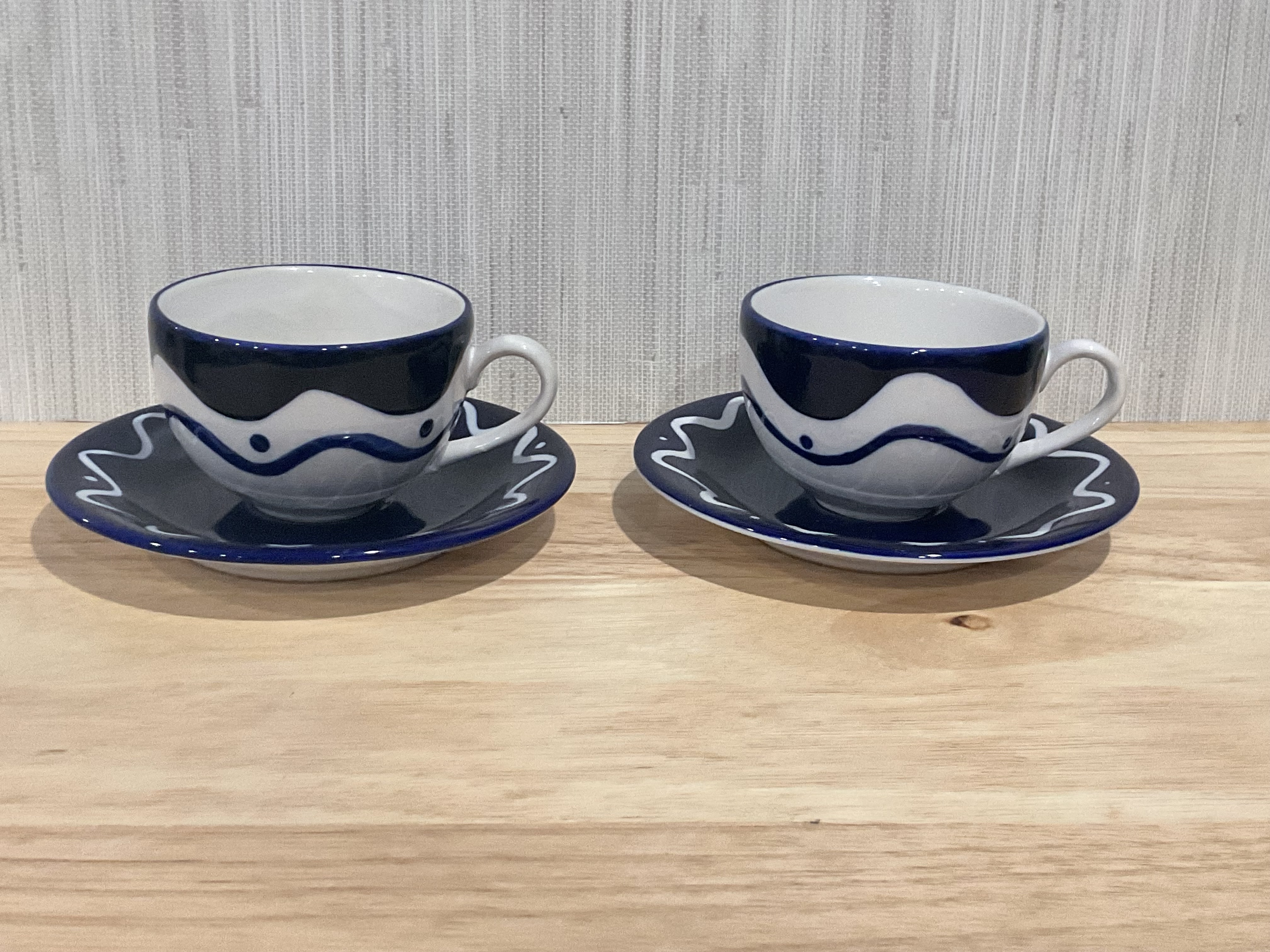 Vintage 1980’s Woolworths Stoneware Blue and White Cups and Saucers set of 2