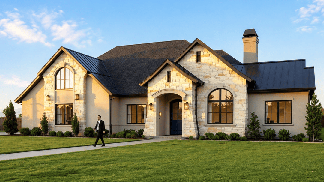 Front view of The Chateau, a stone and stucco custom home with arched windows, a dark metal roof and a navy front door, at golden hour