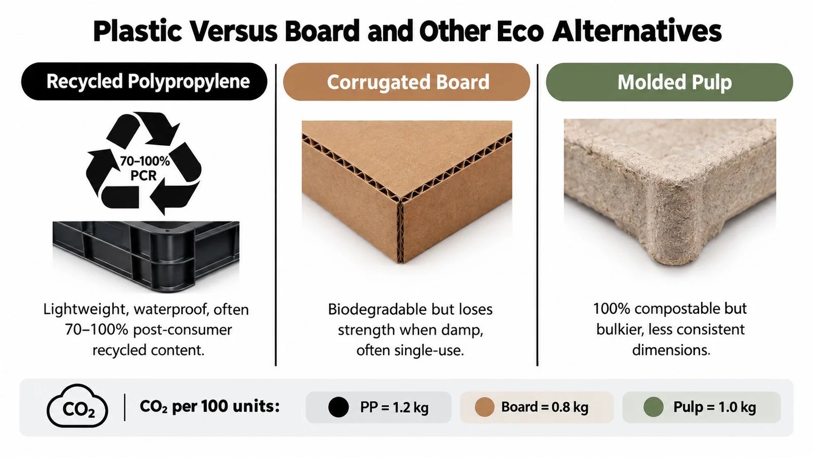 A comparison chart showing the environmental and functional differences between recycled polypropylene, corrugated board, and molded pulp packaging.