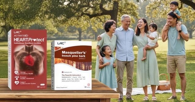 A joyful multigenerational family gathered outdoors in a park, smiling and engaging with one another, with two children being held. In the foreground, two boxes of health supplements are displayed, labeled 'HeartProtect' and 'Masquelier's French Pine Bark Extract.'