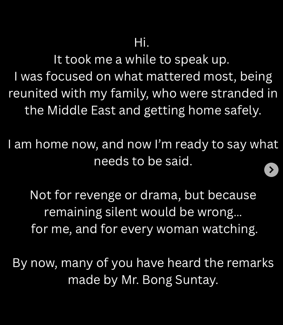 A text-based image featuring a personal statement about the importance of speaking out, focusing on family reunion and addressing past remarks by Mr. Bong Suntay.