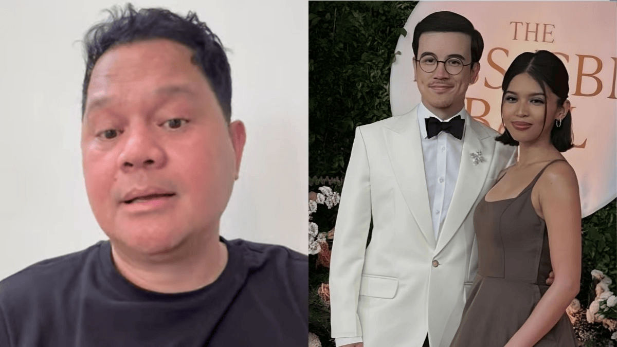 A close-up of a man speaking in a casual setting, and a separate image of a couple dressed in formal attire at an elegant event, standing together against a decorative backdrop.