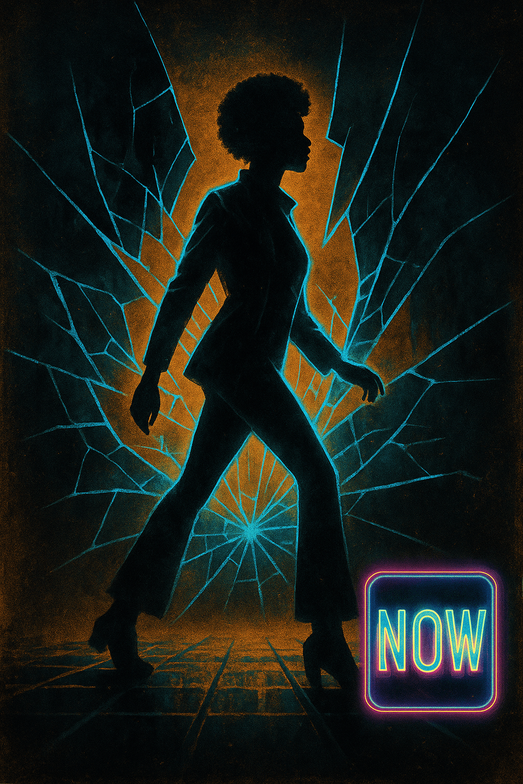 Blaxploitation-style survivor silhouette stepping out of shattered mirrors, neon glow around them