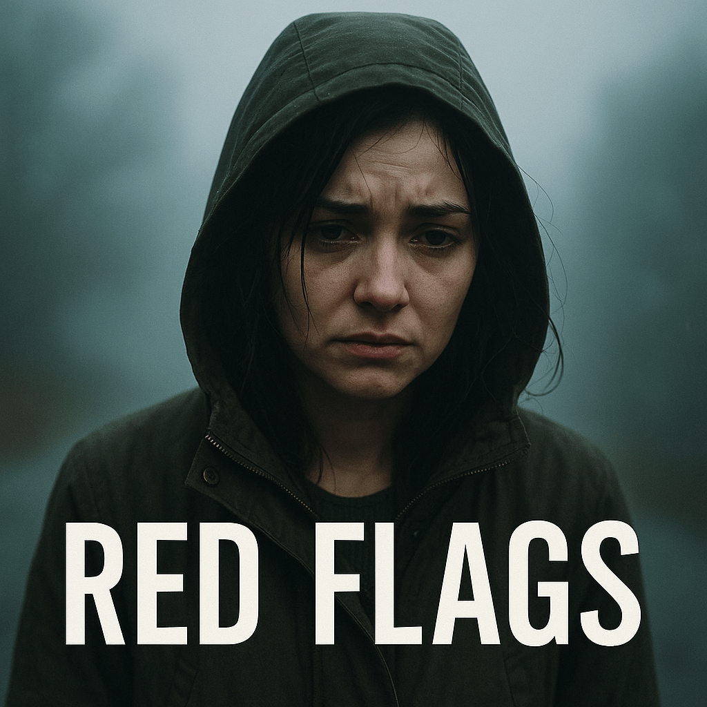 Blaxploitation-style artwork of a determined survivor walking forward with glowing red flags looming in the fog behind them