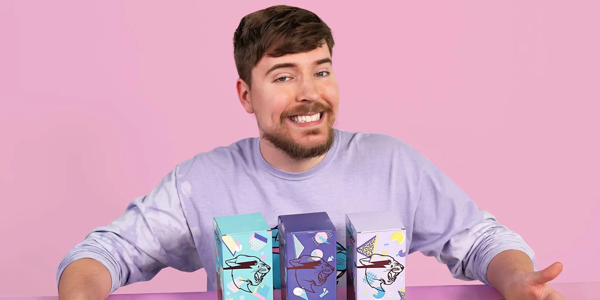   MrBeast and his Feastables chocolate bars. Feastables  