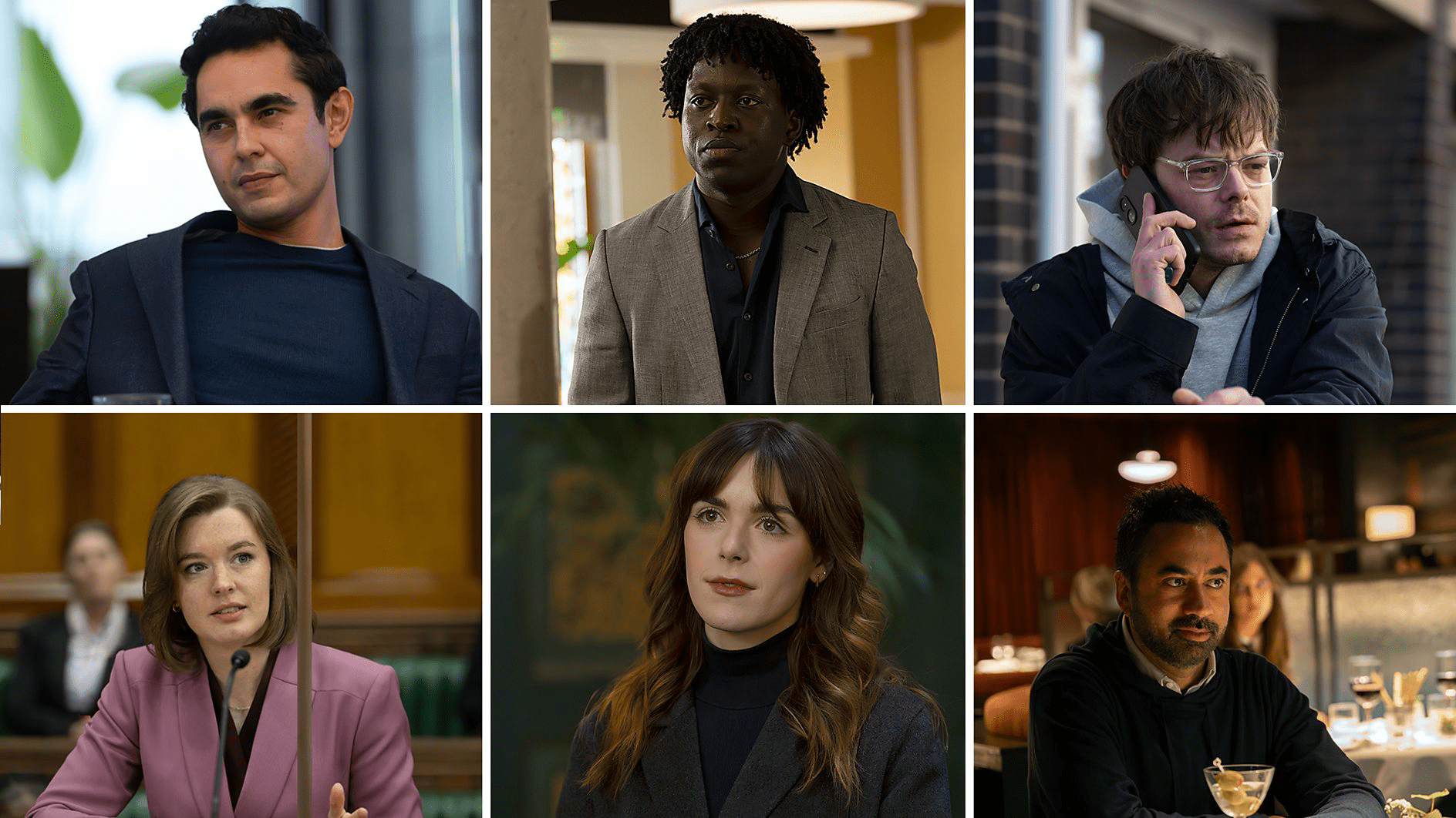 L-R: Max Minghella, Toheeb Jimoh, Charlie Heaton, Amy James-Kelly, Kiernan Shipka, and Kal Penn. (Image credit: Simon Ridgway/HBO)