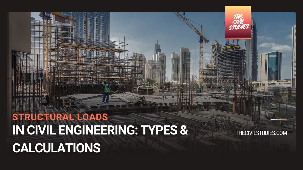Building under construction with scaffolding, concrete framework, and workers illustrating real-life application of structural loads in civil engineering design