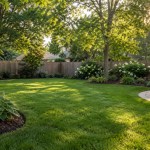 Clean backyard with green grass, mature trees, hydrangeas, and a wood privacy fence
