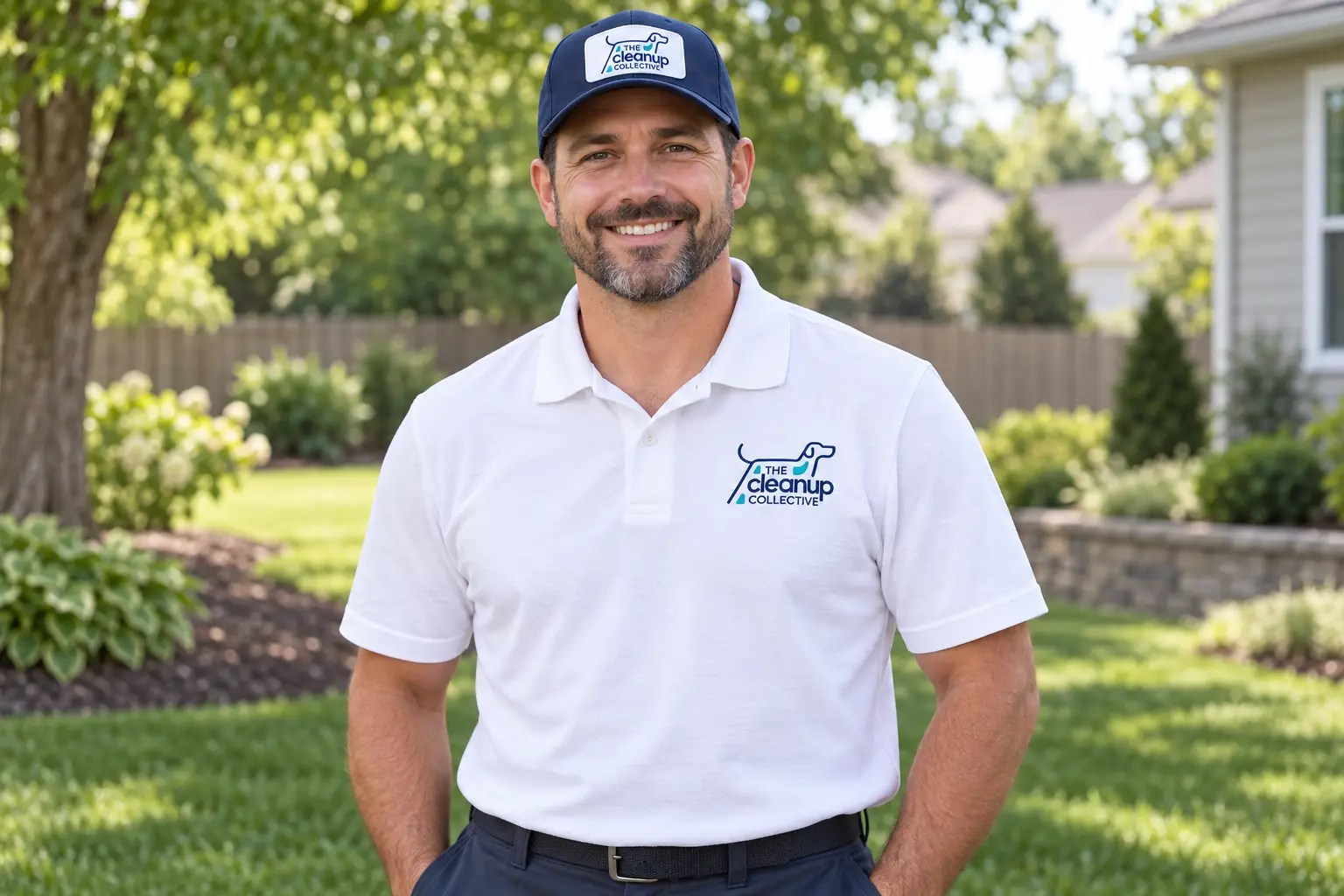 Smiling man wearing a white Cleanup Collective polo and navy hat in a green yard
