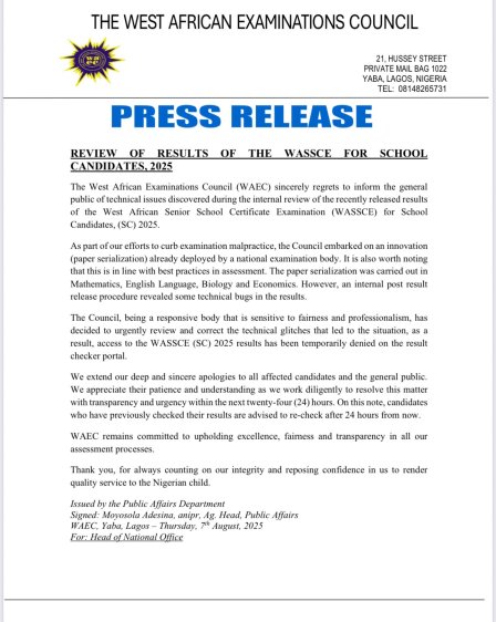 Waec Statement Amid Glitch