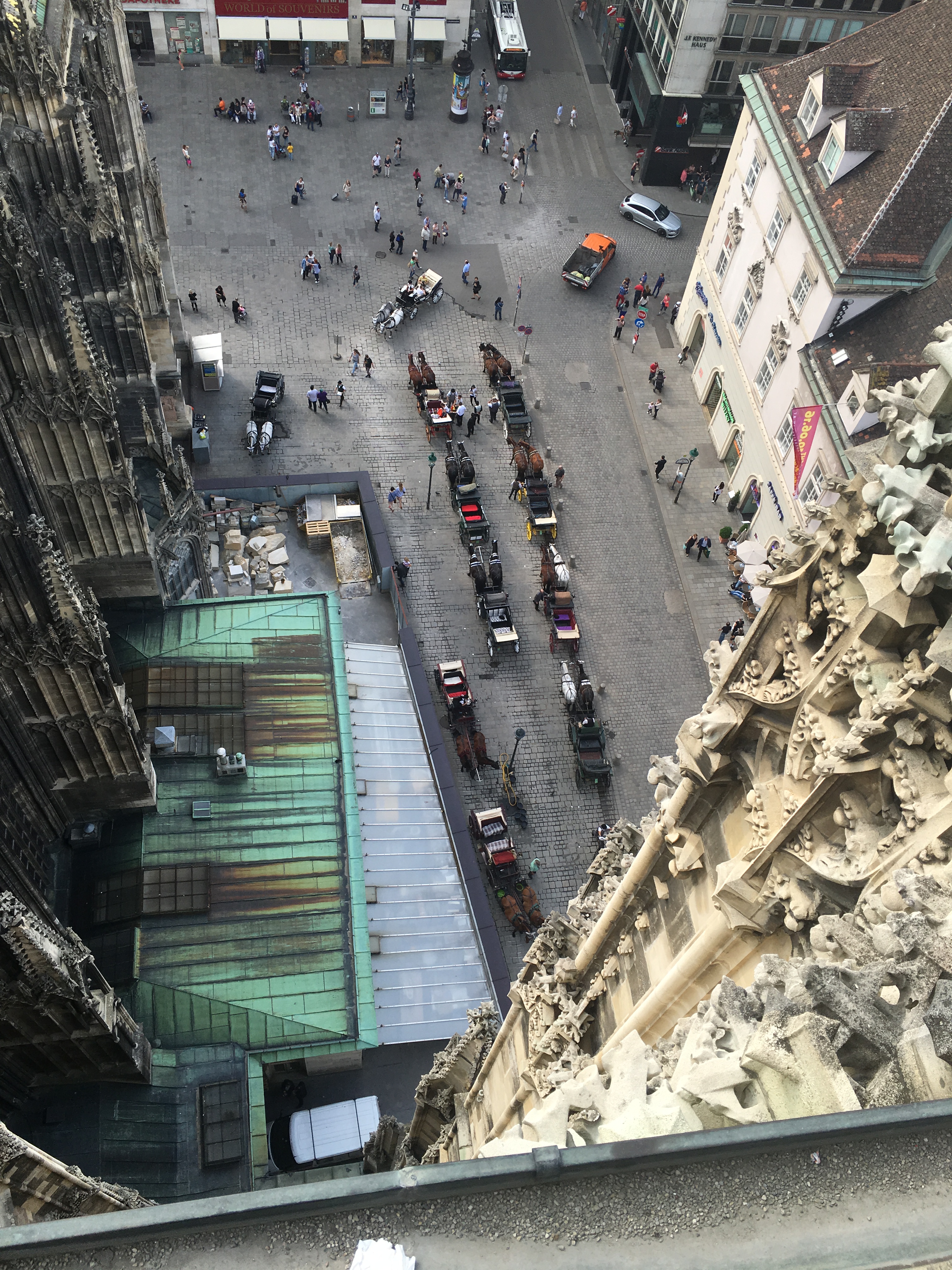 The view from the top of the church, looking down at the fiakers below.