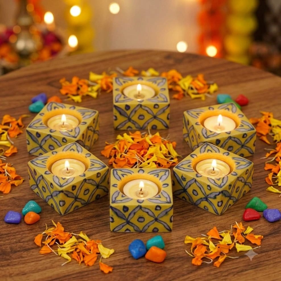 Buy a hand painted blue pottery candle holders