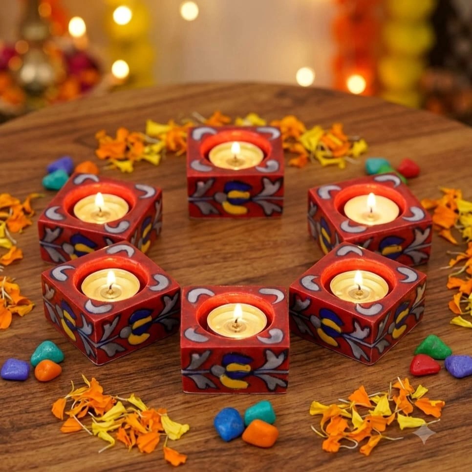 Buy a hand painted blue pottery candle holders