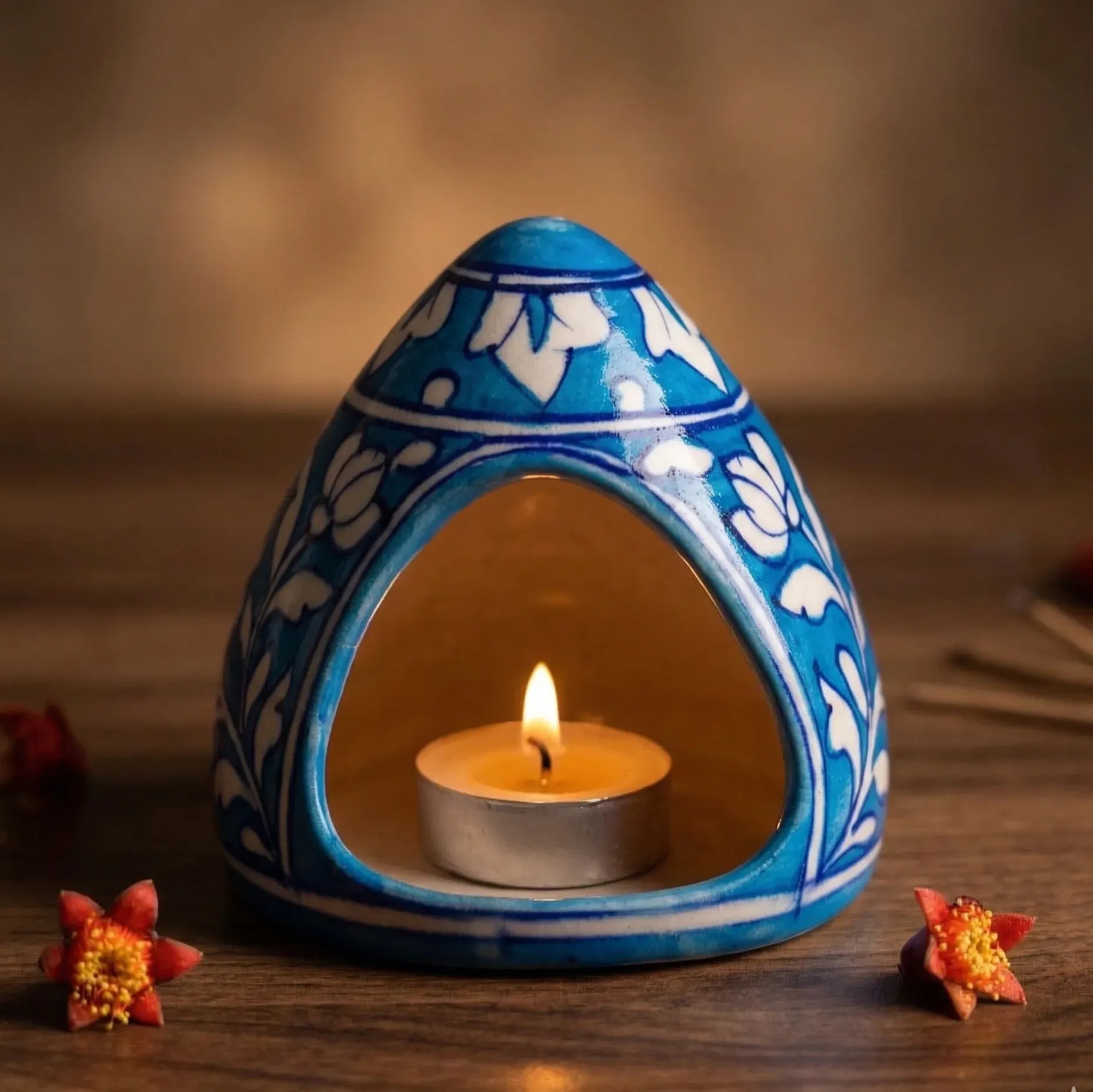 blue pottery hanging t-light candle lamp