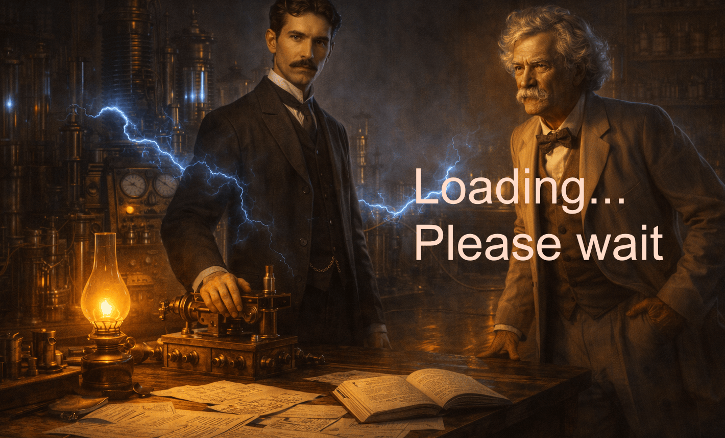 Nikola Tesla and Mark Twain in a lamplit electrical laboratory