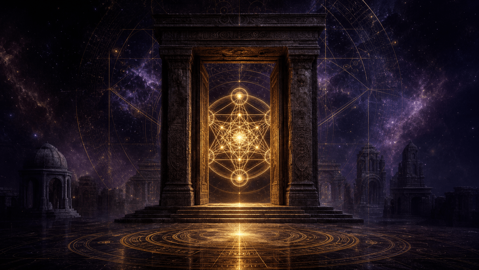 A dark cosmic temple threshold with golden sacred geometry symbolizing hidden memory layers beneath reality
