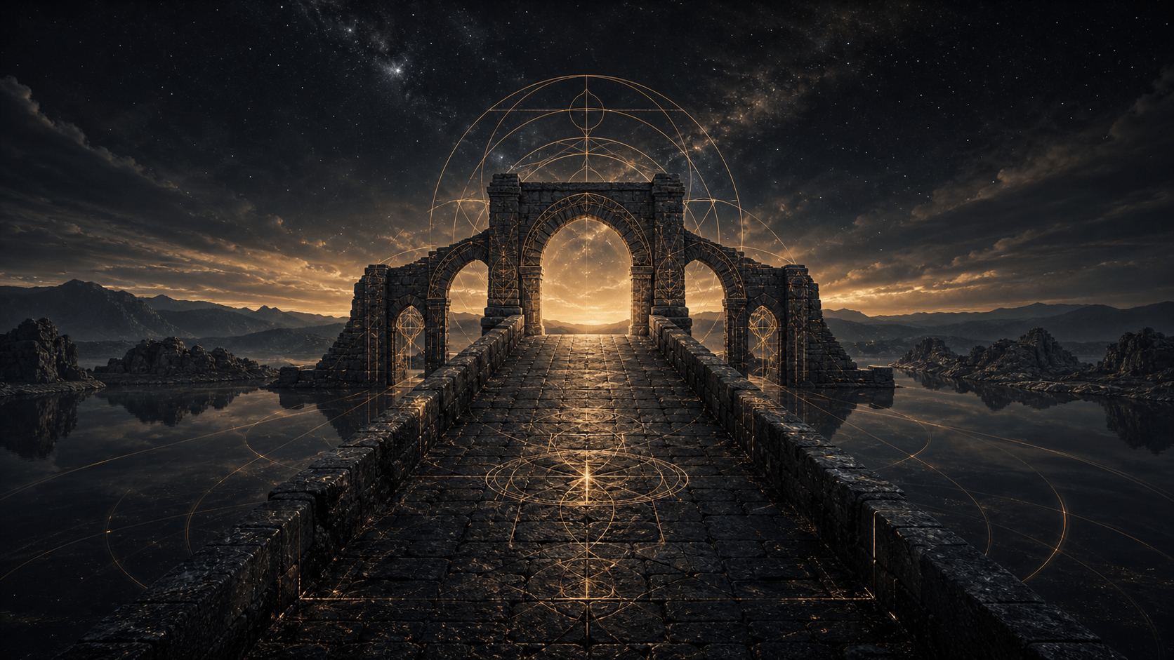 Ancient stone bridge over dark water with gold sacred geometry and cosmic night sky