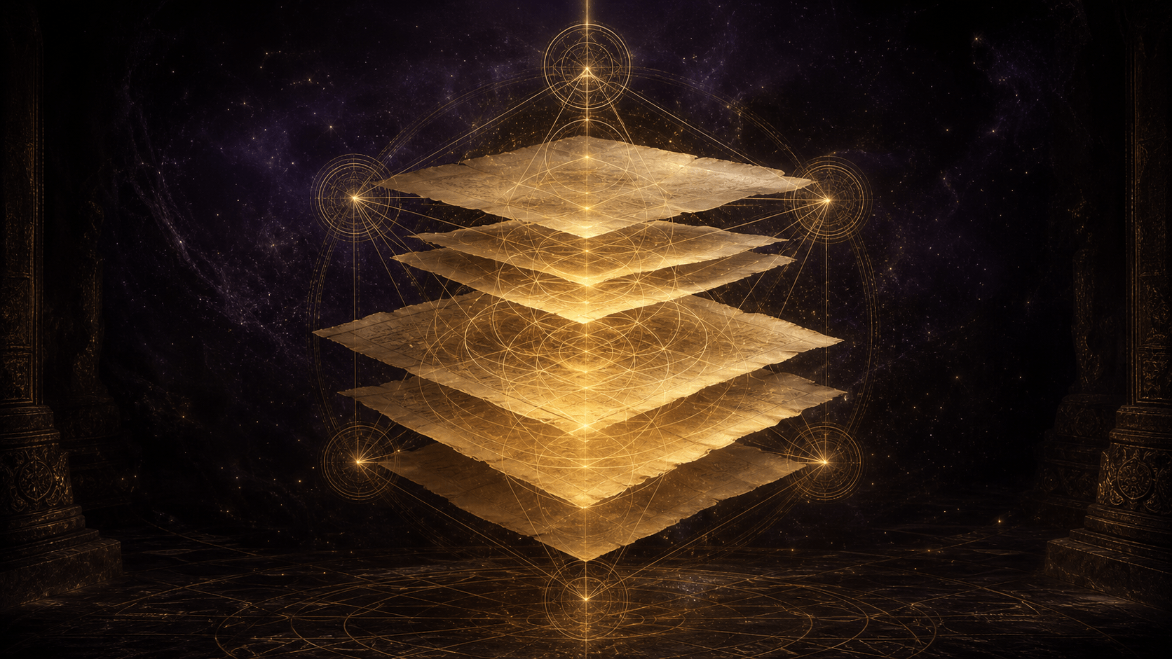 Layered blank manuscript pages with golden sacred geometry in a dark cosmic chamber
