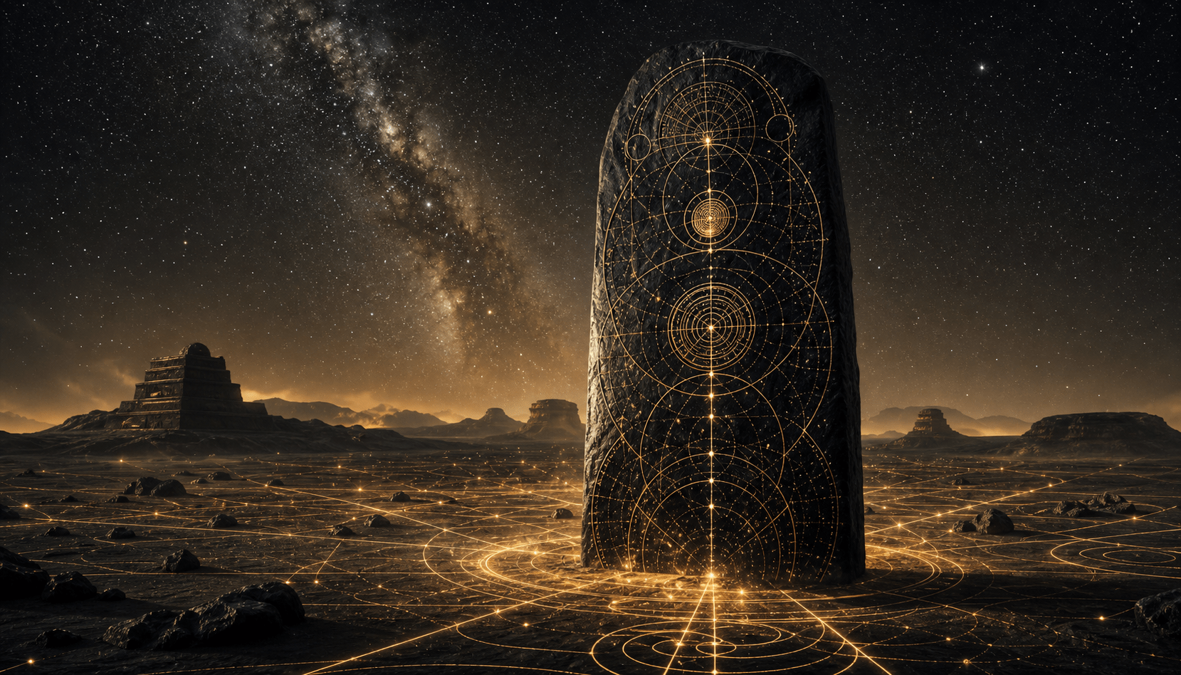Dark cosmic boundary stone with gold sacred geometry under a star field