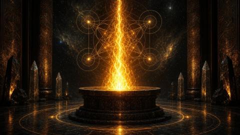 Dark cosmic fire altar with golden sacred geometry and rising flame