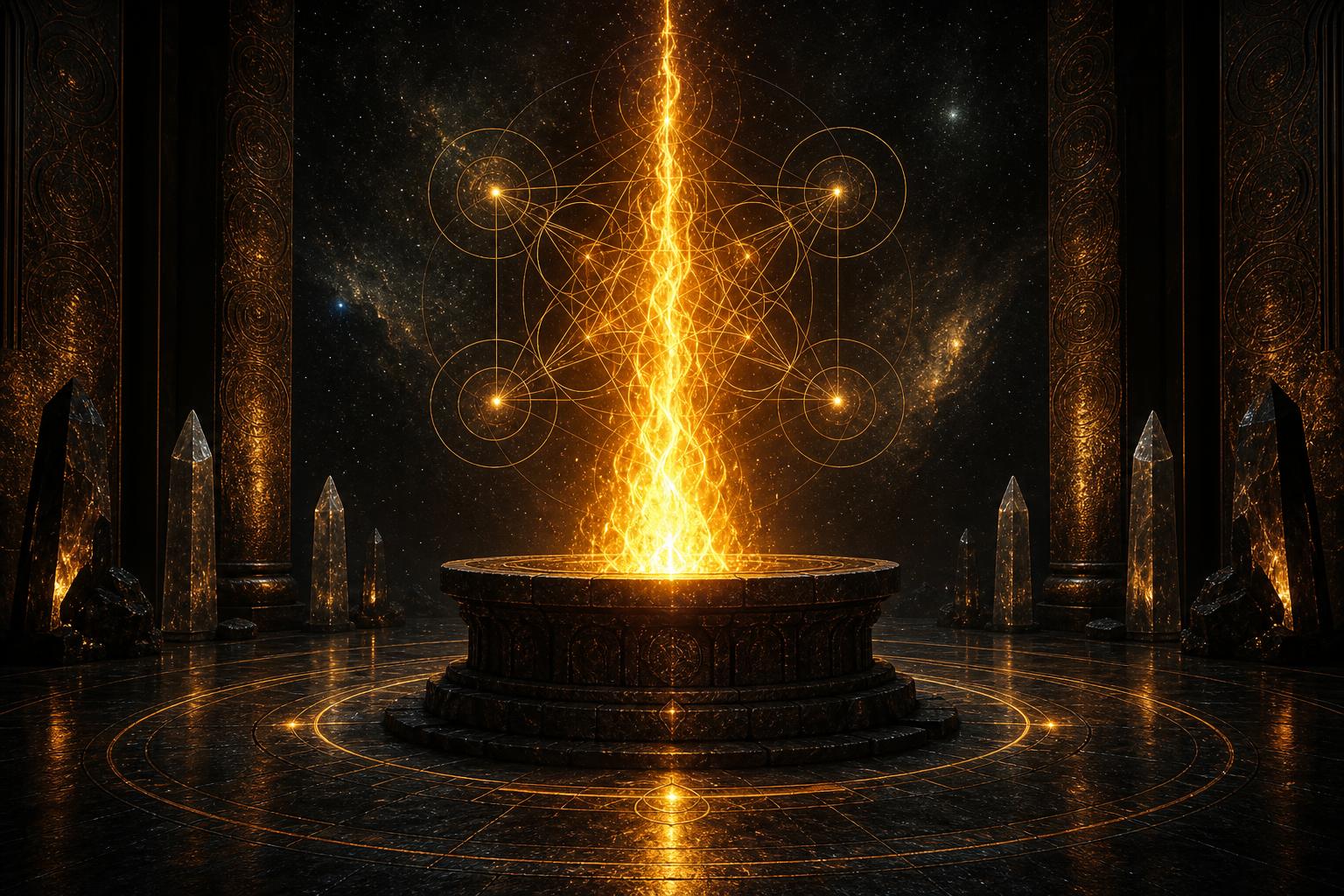Dark cosmic fire altar with golden sacred geometry and rising flame