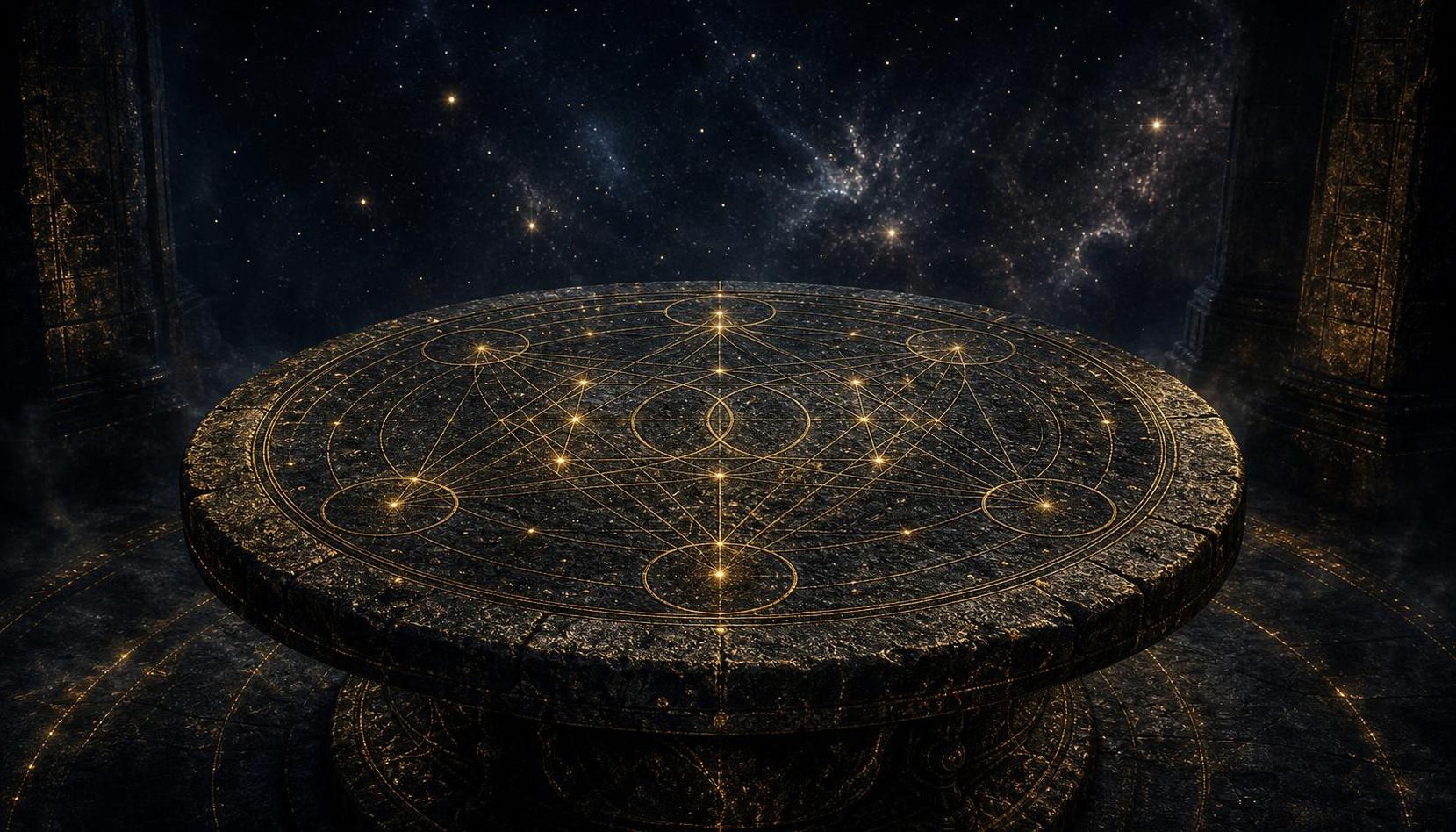 Dark cosmic offering table engraved with golden sacred geometry as a symbolic memory interface