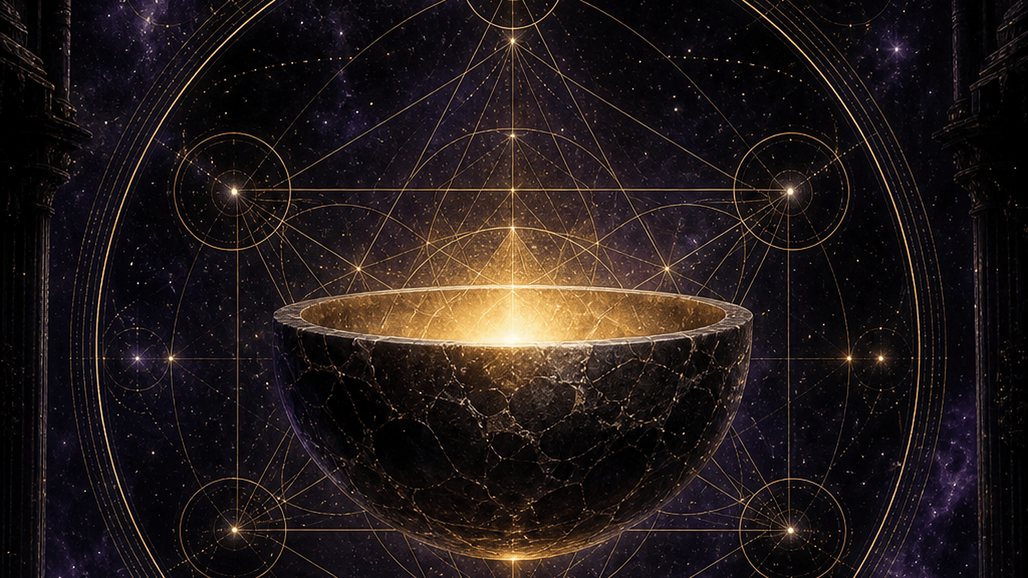 Dark cosmic sacred vessel filled with golden light and surrounded by sacred geometry