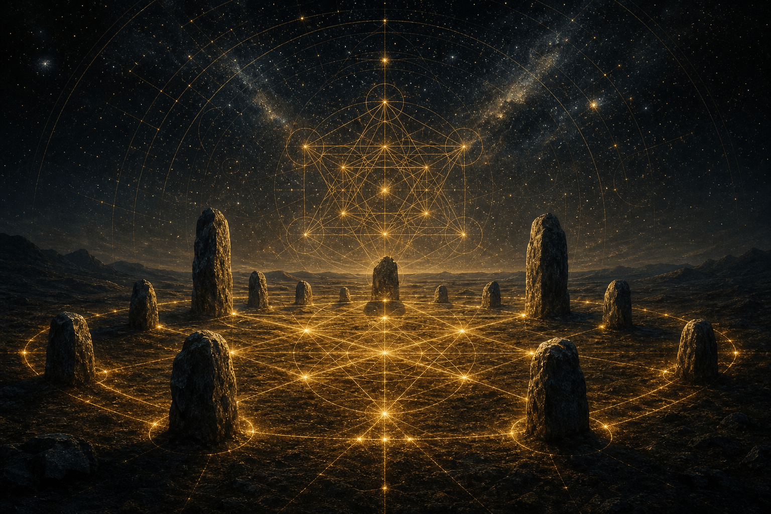 Ancient boundary stones beneath a cosmic sky with gold sacred geometry lines