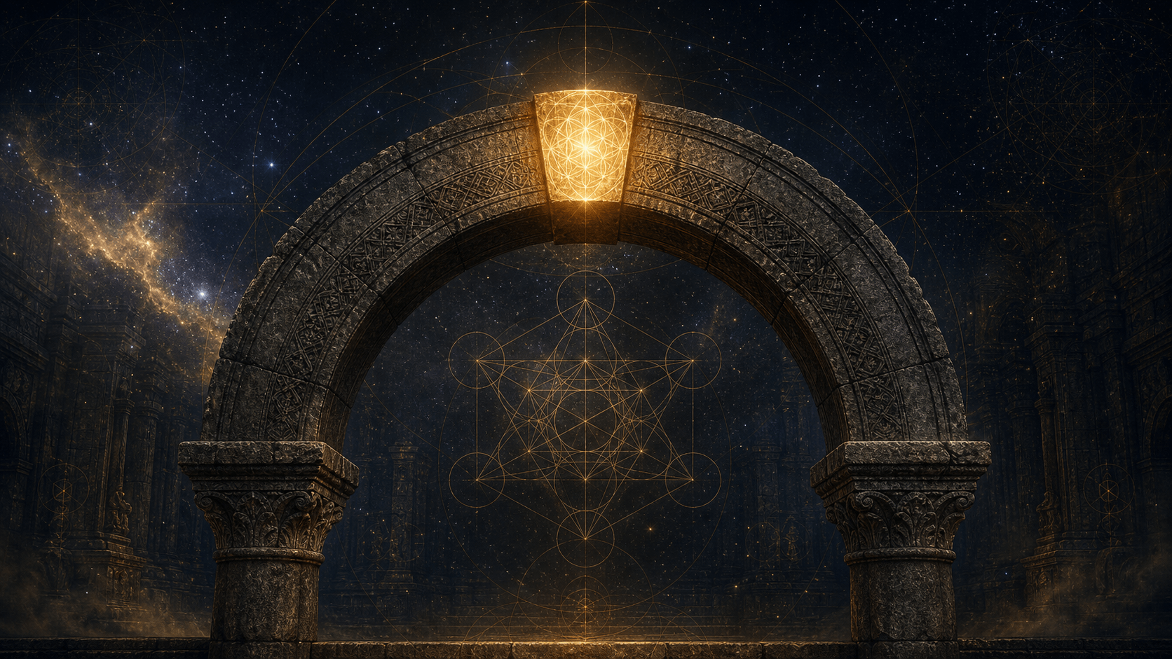 Dark cosmic stone arch with glowing golden keystone and sacred geometry