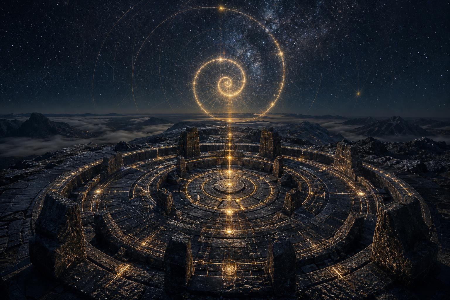 Golden spiral sacred geometry above an ancient circular stone observatory under a dark cosmic sky