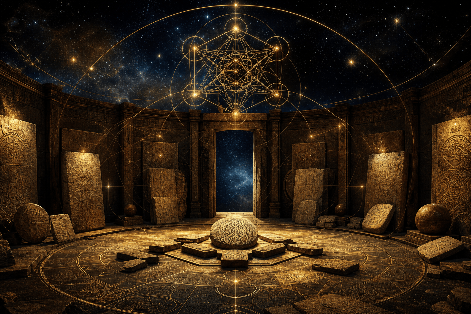 Ancient circular memory chamber under a dark cosmic sky with gold sacred geometry and luminous stone tablets