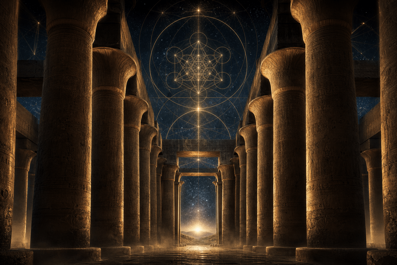 Ancient Egyptian hypostyle hall with golden sacred geometry beneath a dark cosmic sky