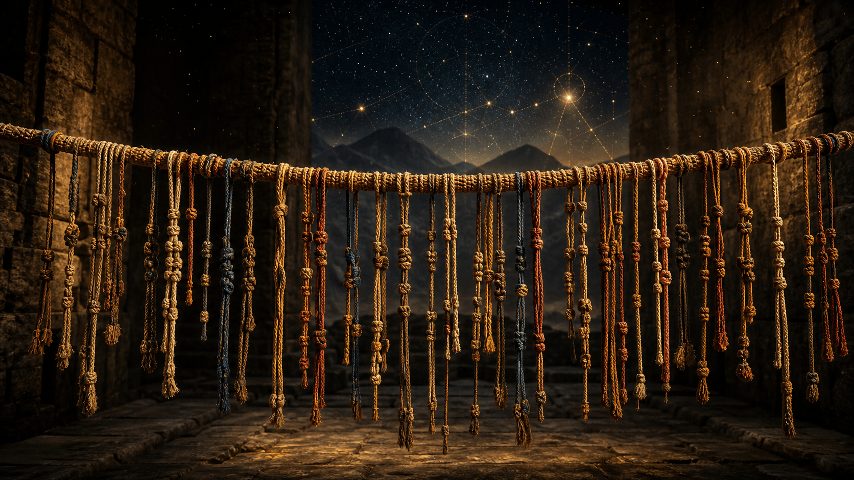 Ancient Andean khipu cords and knots illuminated in gold beneath a cosmic night sky