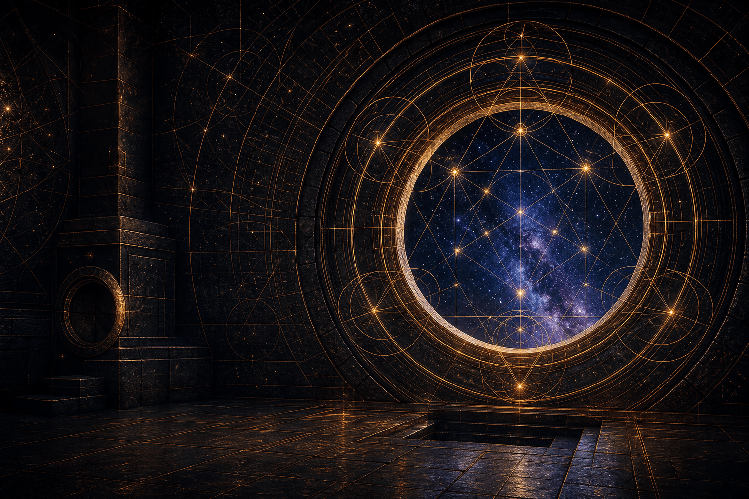 Dark cosmic observatory aperture with gold sacred geometry and star field