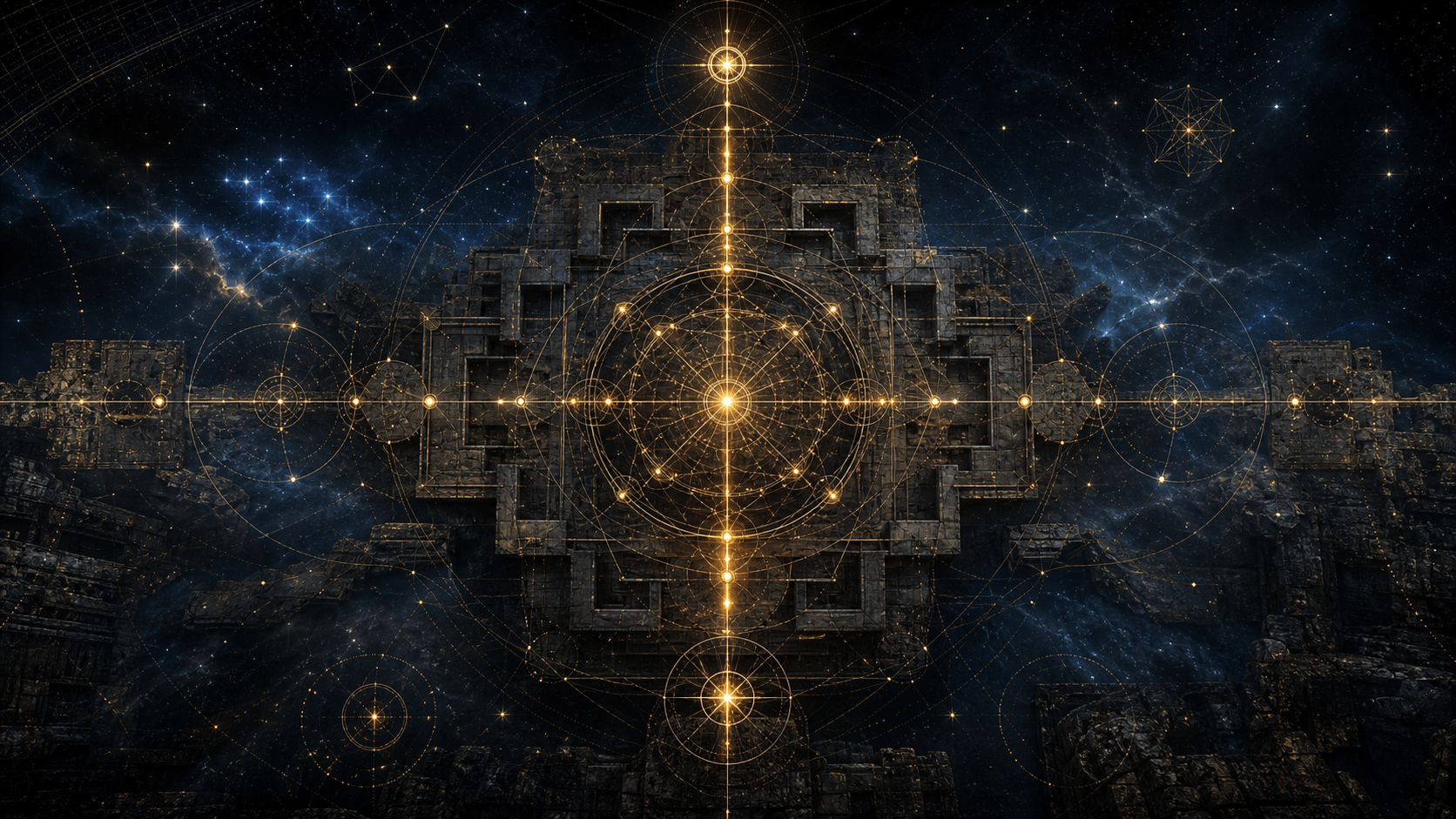 Dark cosmic sacred geometry with gold compass lines over an ancient stone orientation grid