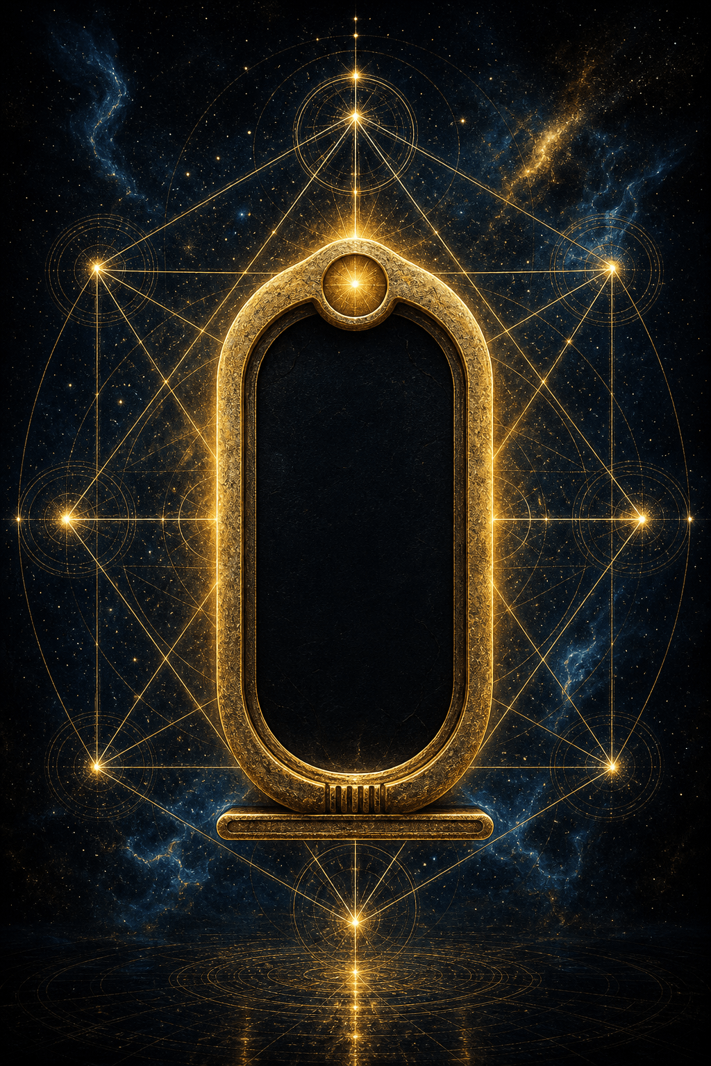 Gold sacred geometry cartouche protecting an empty dark center in a cosmic field