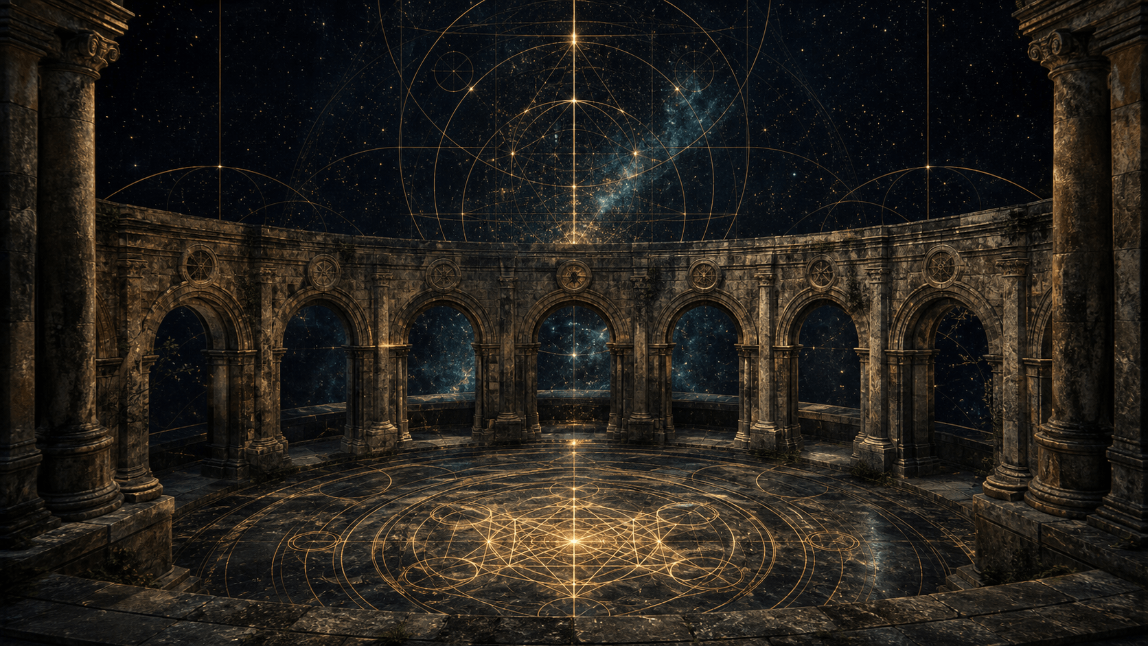 Dark cosmic cloister with inner garden and glowing gold sacred geometry