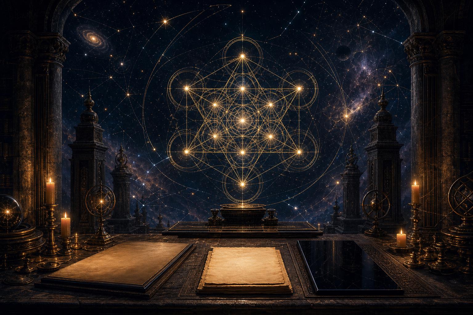 Cosmic scriptorium with golden sacred geometry and blank tablets representing the Colophon Code