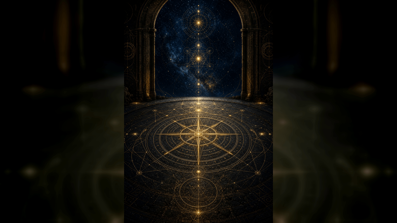 Dark cosmic compass rose with golden sacred geometry and star-aligned directional lines