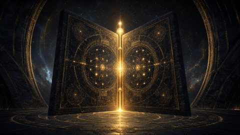 Dark cosmic stone threshold with golden hinge axis and sacred geometry