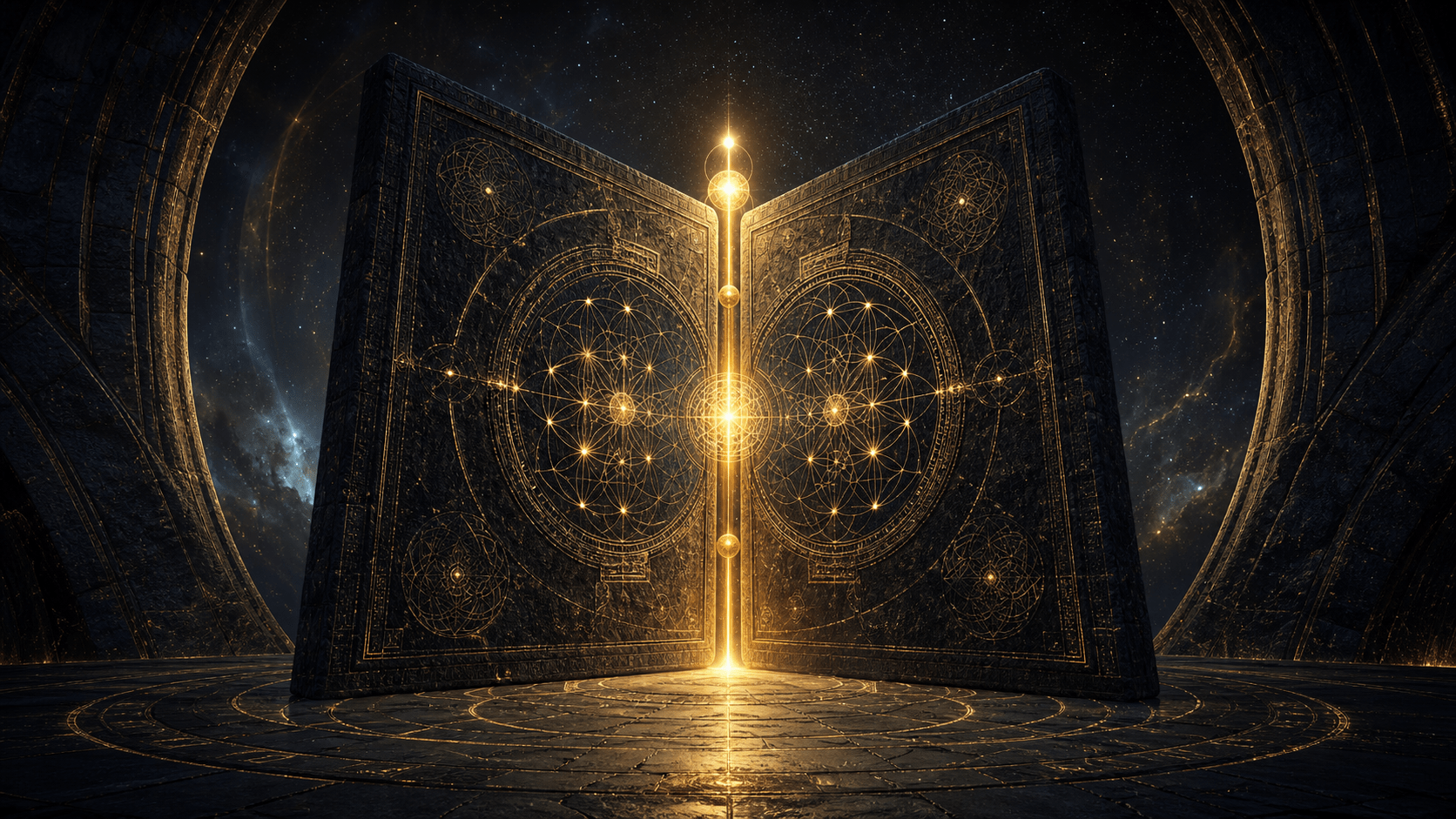 Dark cosmic stone threshold with golden hinge axis and sacred geometry
