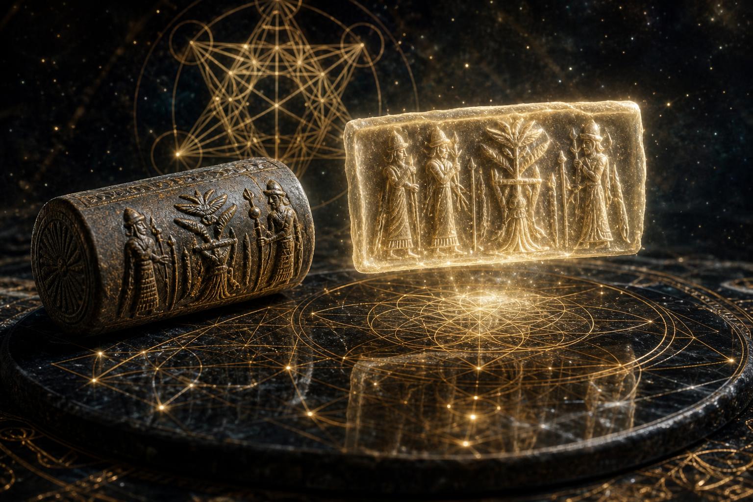 Ancient cylinder seal casting a luminous sacred-geometry imprint across a dark cosmic field