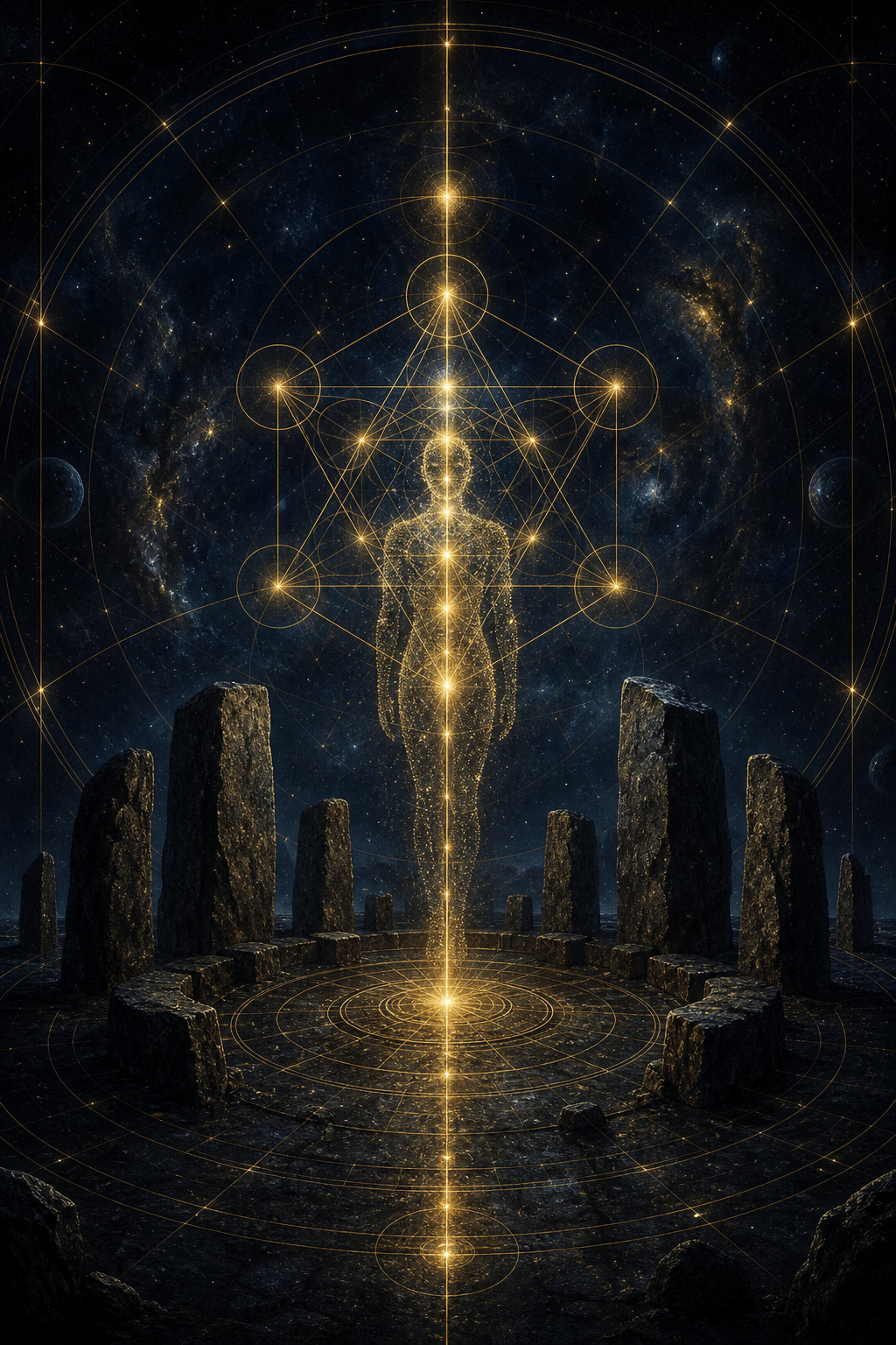 Gold sacred geometry meridian line over an ancient stone circle and cosmic field