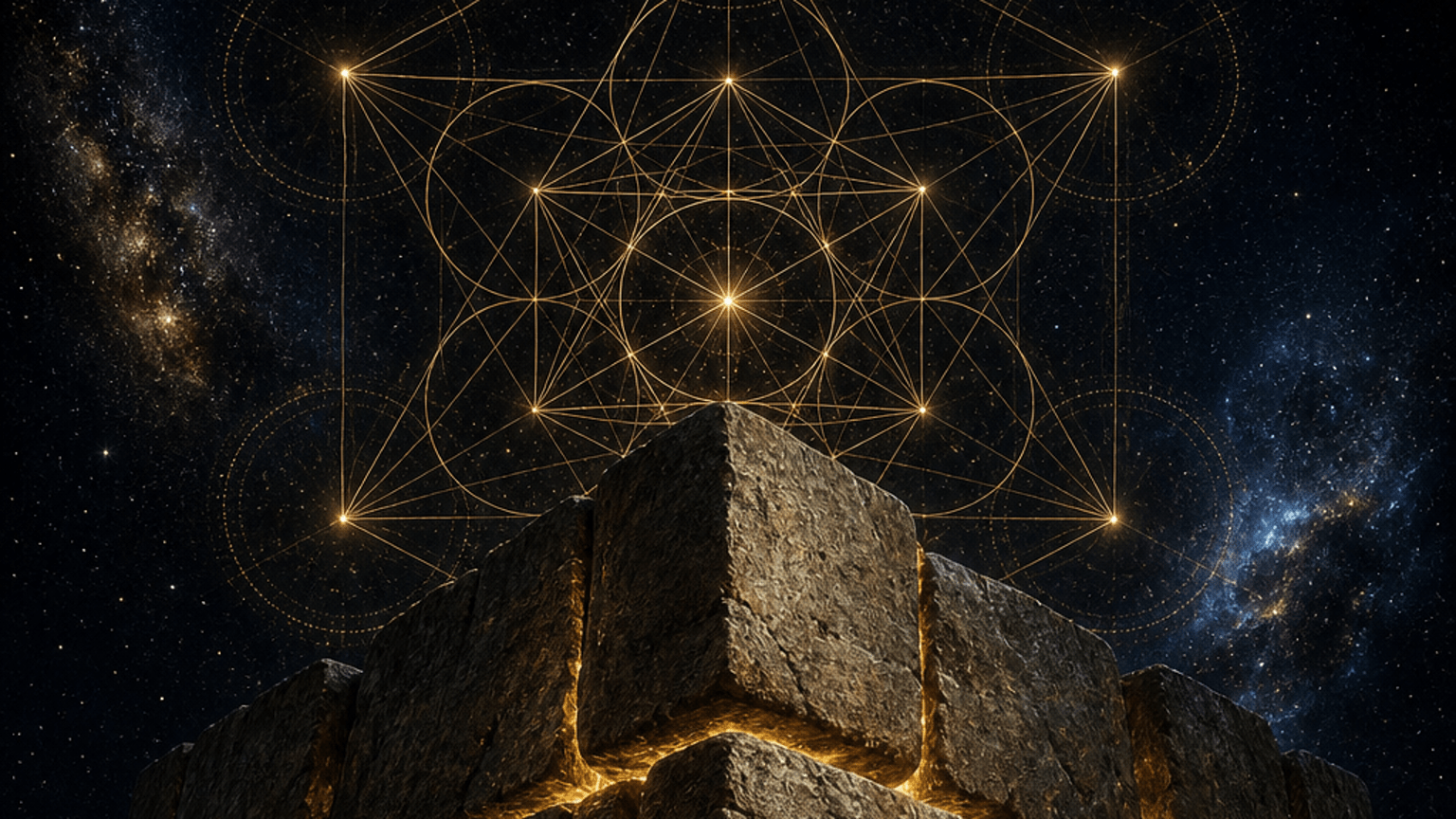 Ancient stone blocks joined by luminous gold mortar with sacred geometry in a dark cosmic field