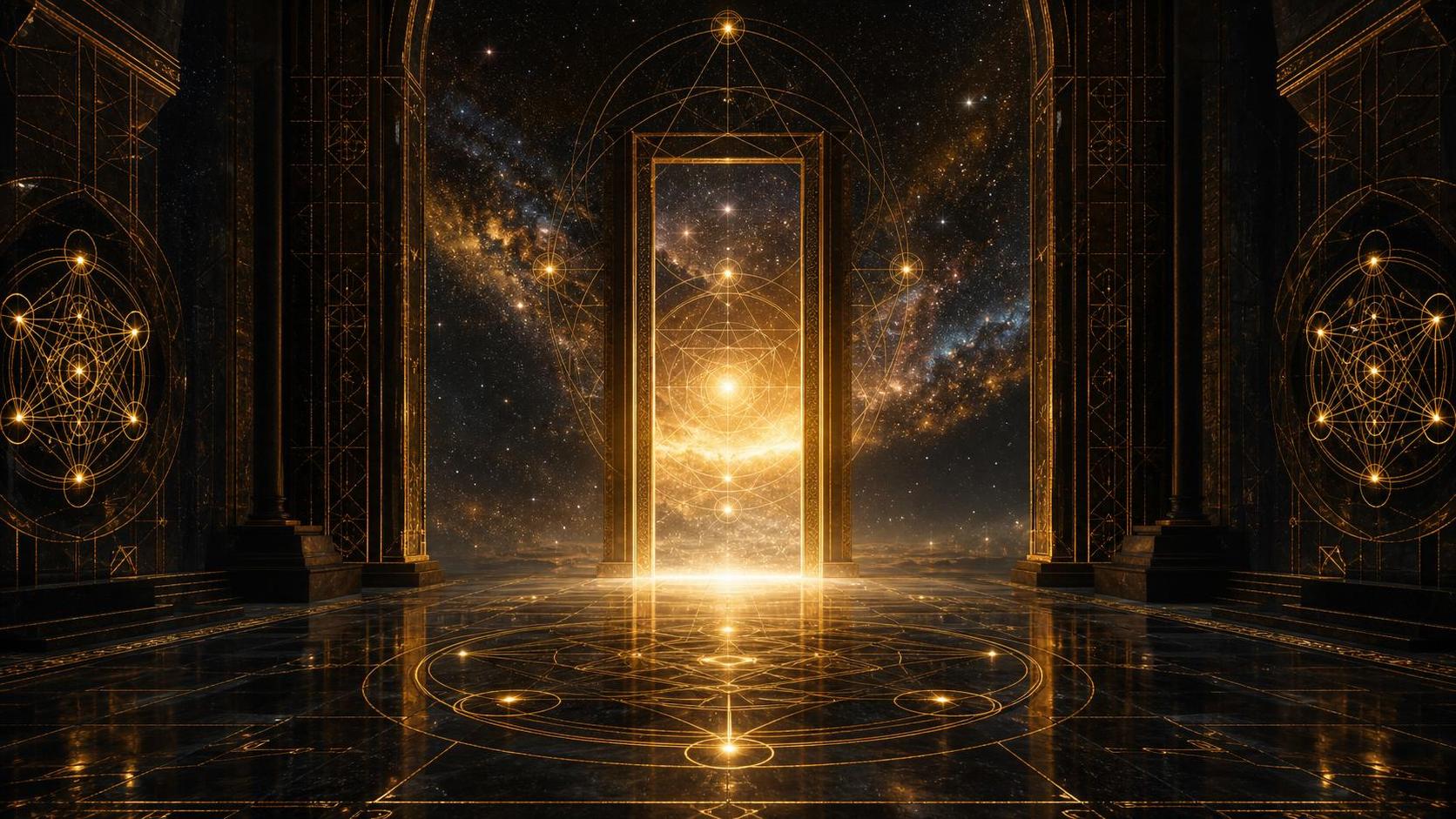 Dark cosmic temple antechamber with golden sacred geometry and a luminous doorway