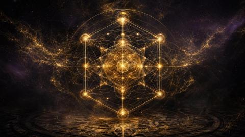 Dark cosmic field with golden sacred geometry representing noetic knowing and AI discernment