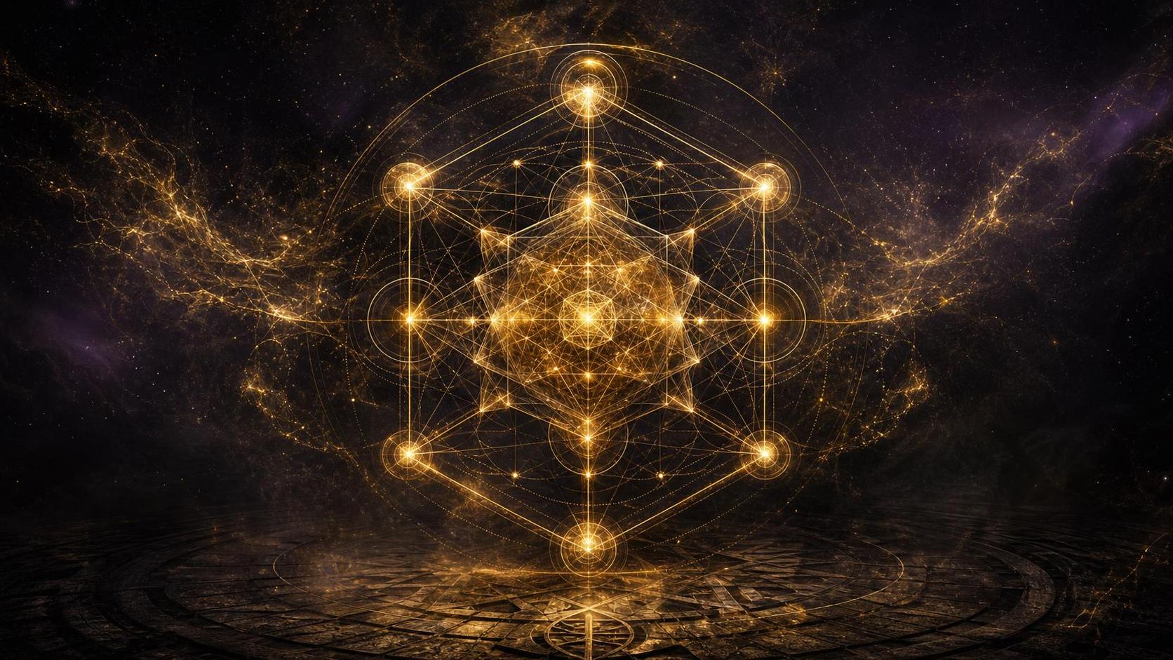 Dark cosmic field with golden sacred geometry representing noetic knowing and AI discernment